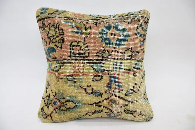 Geometric Beige Turkish Pillow Case, Moroccan 14x14 inch Wool Cushion Case - 1