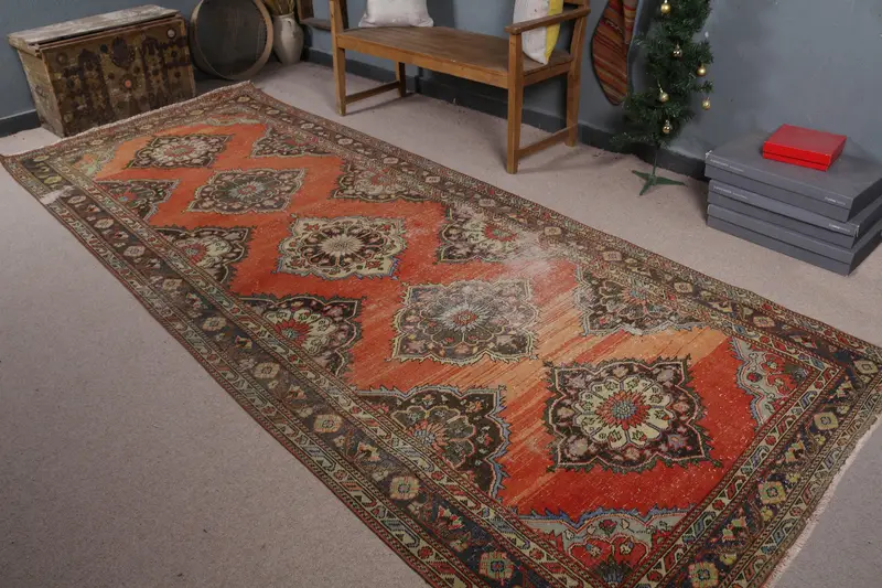 Leuchtender orangefarbener Teppich, 4,9 x 12,5 Fuß großes Blumen- und Paisley-Design