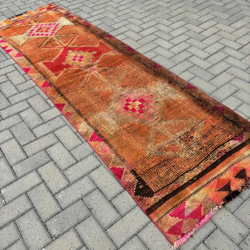 Turkish 2.9x8.9 ft Rug, Herki Vintage Rug, Orange Polka dot Rug Wool - 1