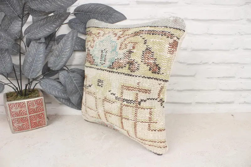 Kilim Cushion Sham, Authentic Cushion Cover, Cushion, Vintage Kilim Pillow, Interior Designer Pillow, 14x14 Beige Cushion Cover, Aztec Cushion - 4