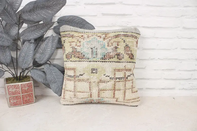 Kilim Cushion Sham, Authentic Cushion Cover, Cushion, Vintage Kilim Pillow, Interior Designer Pillow, 14x14 Beige Cushion Cover, Aztec Cushion - 1