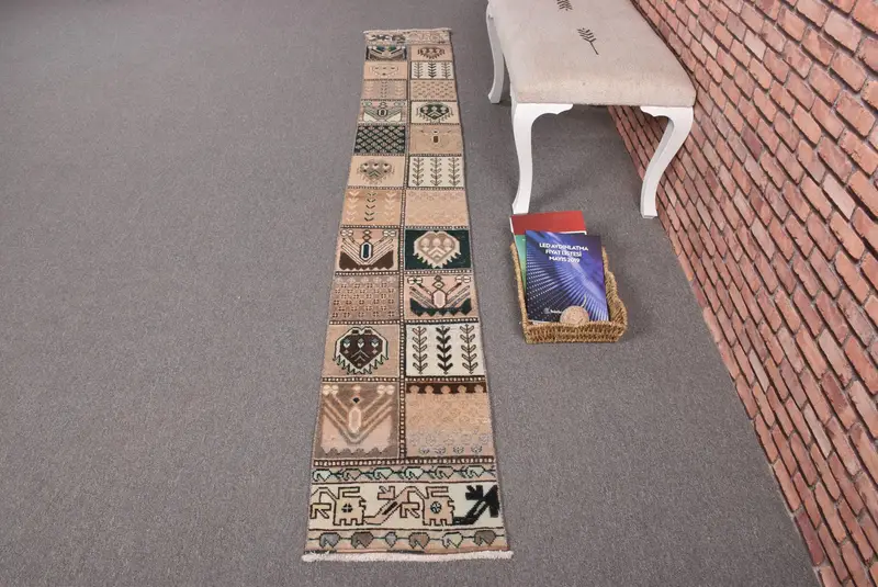 Turkish 1.3x9.1 ft Rug, Oushak Vintage Rug, Brown Bordered Rug Wool - 1