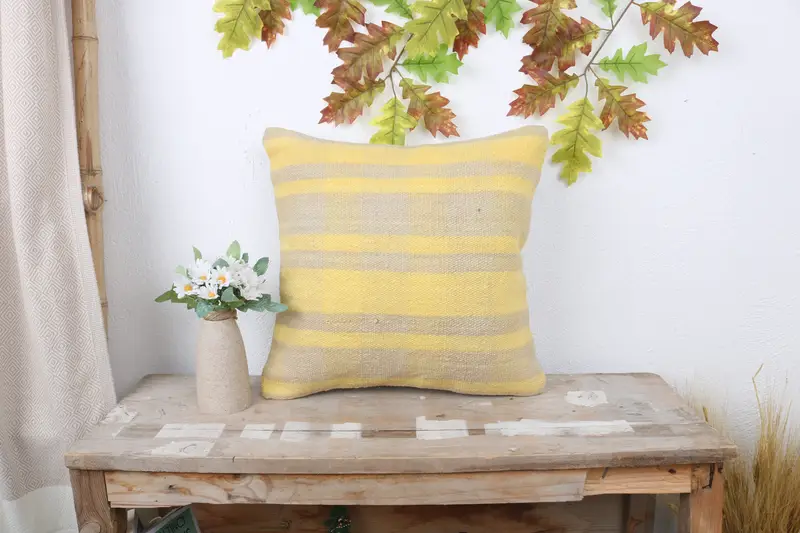 Kilim Pillow, Cushion Case, Interior Designer Pillow, Kilim Cushion Sham, 16x16 Yellow Pillow Cover, Garden Pillow Case - 1