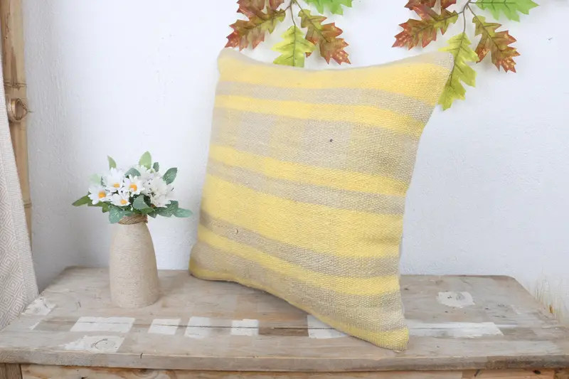Kilim Pillow, Cushion Case, Interior Designer Pillow, Kilim Cushion Sham, 16x16 Yellow Pillow Cover, Garden Pillow Case - 4