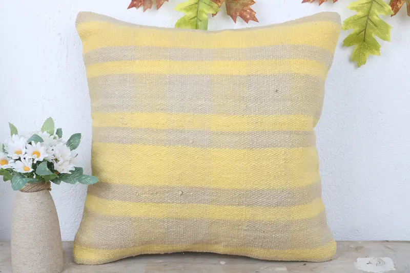 Kilim Pillow, Cushion Case, Interior Designer Pillow, Kilim Cushion Sham, 16x16 Yellow Pillow Cover, Garden Pillow Case - 2