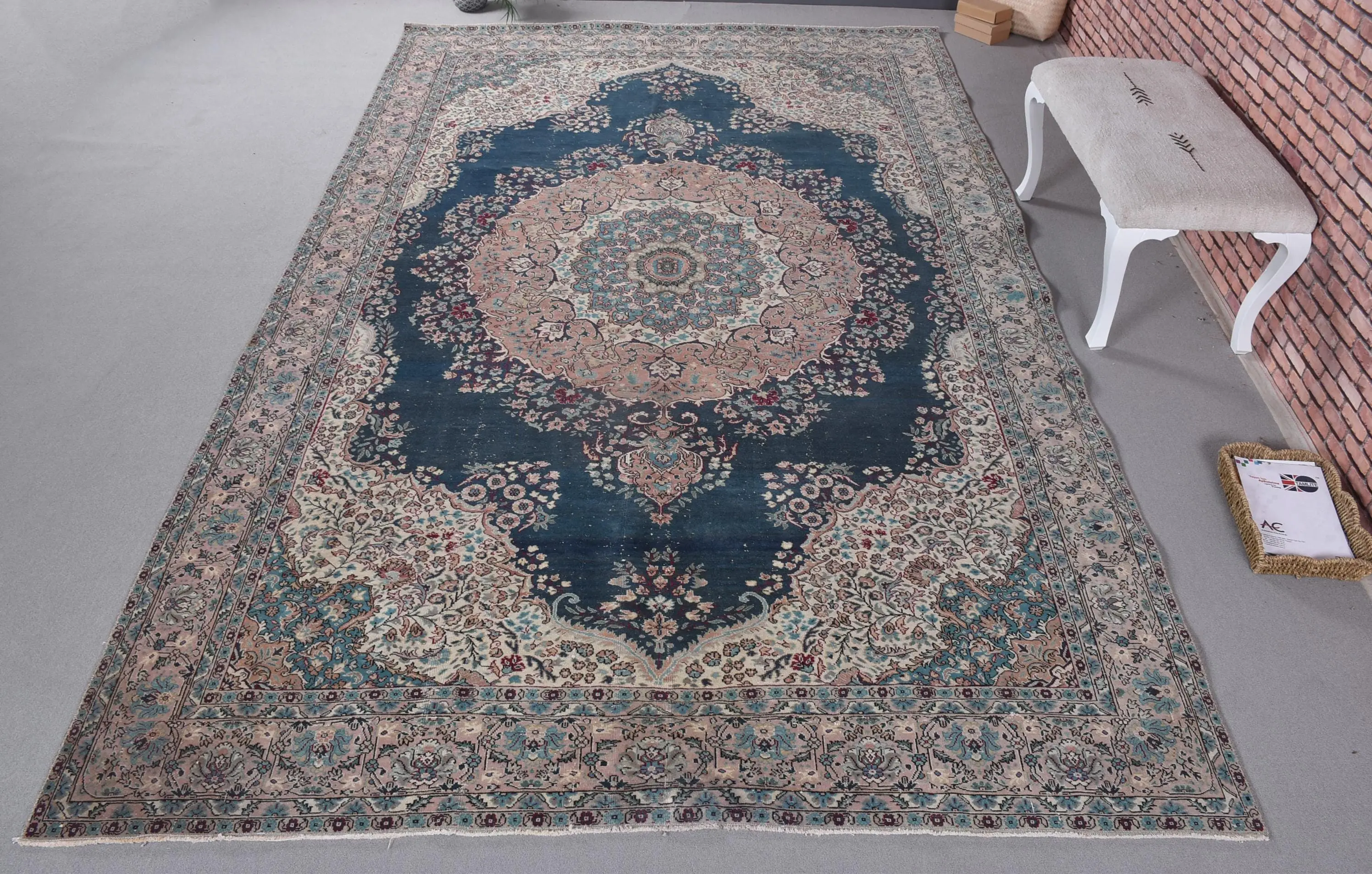 7.3x12.1 ft Turkish Rug, Blue Solid Vintage Rug Wool - 1
