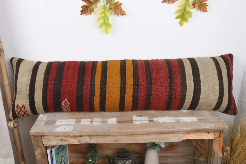 Turkish Corner Pillow Sham, Gift Pillow, Vintage Kilim Throw Pillow, Handmade Kilim Cushion, Pillow Case, 12x43 Red Pillow Sham - 2