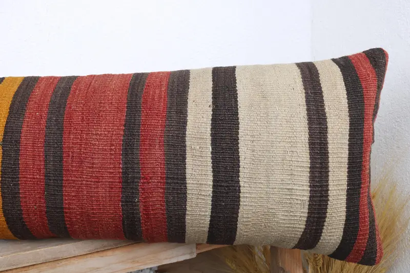 Turkish Corner Pillow Sham, Gift Pillow, Vintage Kilim Throw Pillow, Handmade Kilim Cushion, Pillow Case, 12x43 Red Pillow Sham - 5