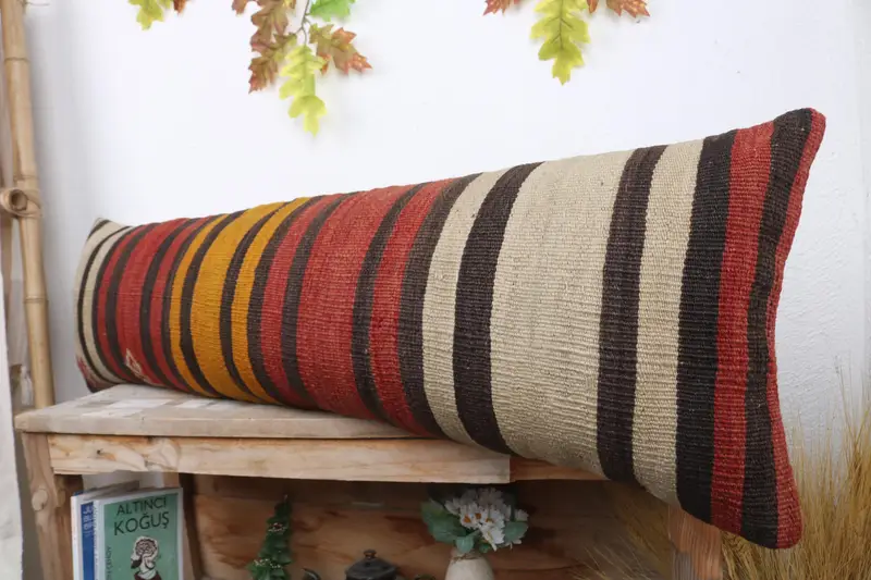 Turkish Corner Pillow Sham, Gift Pillow, Vintage Kilim Throw Pillow, Handmade Kilim Cushion, Pillow Case, 12x43 Red Pillow Sham - 4
