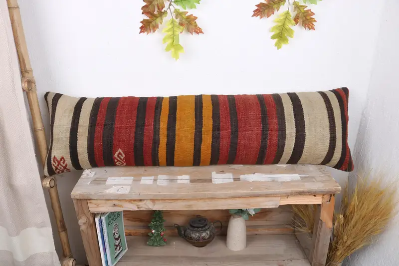Turkish Corner Pillow Sham, Gift Pillow, Vintage Kilim Throw Pillow, Handmade Kilim Cushion, Pillow Case, 12x43 Red Pillow Sham - 1