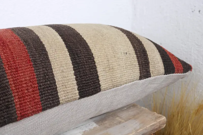 Turkish Corner Pillow Sham, Gift Pillow, Vintage Kilim Throw Pillow, Handmade Kilim Cushion, Pillow Case, 12x43 Red Pillow Sham - 6