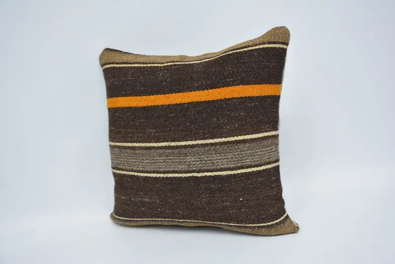 Boho Pillow, Turkish Kilim Pillow, Vintage Kilim Throw Pillow, Accent Throw Cushion Case, Cushion Cover, 16x16 Brown Pillow Cover - 4