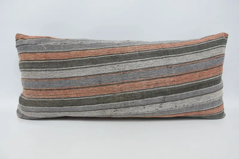 Striped Orange Vintage Cushion, Antique Woven 16x36 inch Pillow Cover - 1
