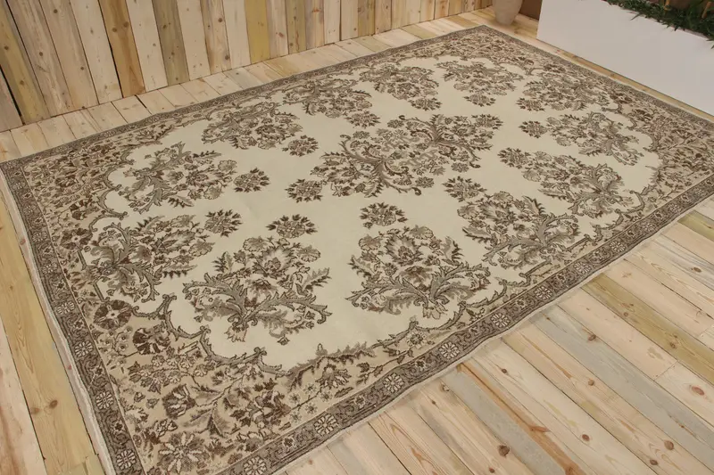 7.4x11.2 ft Vintage Halı, Türk Boy Halı, Kahverengi Beyaz Bordürlü Yün Halı - 1