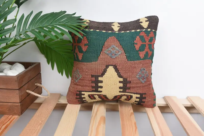 Boho Pillow, Sofa Cushion Cover, 12x12 Green Cushion Cover, Cushion Case, Nomadic Cushion, Handwoven Cushion, Vintage Pillow, Turkish Pillow - 1