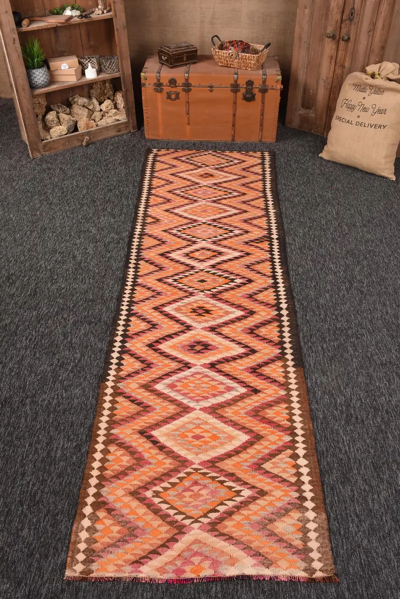 3x10.2 ft Kilim Rug, Turkish Vintage Rug, Orange Brown Patchwork Rug - 1