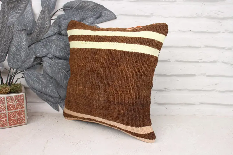 Handmade Kilim Cushion, Custom Cushion Cover, Kilim Pillow Cover, Turkish Bench Cushion Cover, Pillow for Sofa, 14x14 Brown Cushion, Cushion Case - 4