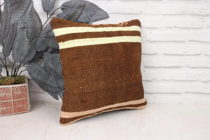 Handmade Kilim Cushion, Custom Cushion Cover, Kilim Pillow Cover, Turkish Bench Cushion Cover, Pillow for Sofa, 14x14 Brown Cushion, Cushion Case - 3