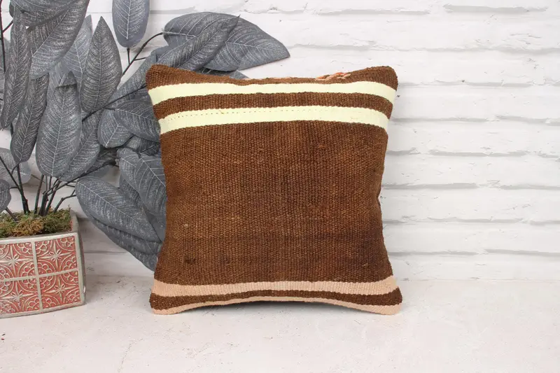 Handmade Kilim Cushion, Custom Cushion Cover, Kilim Pillow Cover, Turkish Bench Cushion Cover, Pillow for Sofa, 14x14 Brown Cushion, Cushion Case - 1