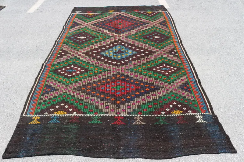 Türk Vintage Kilim Büyük Halı 5.7x10.3 ft, Yeşil Soyut Halı Yün - 1