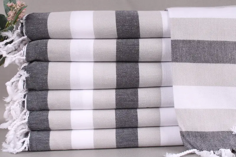 Beach Towel Monogrammed Turkish Cotton Black-Gray Stripes, 40x71 Inches