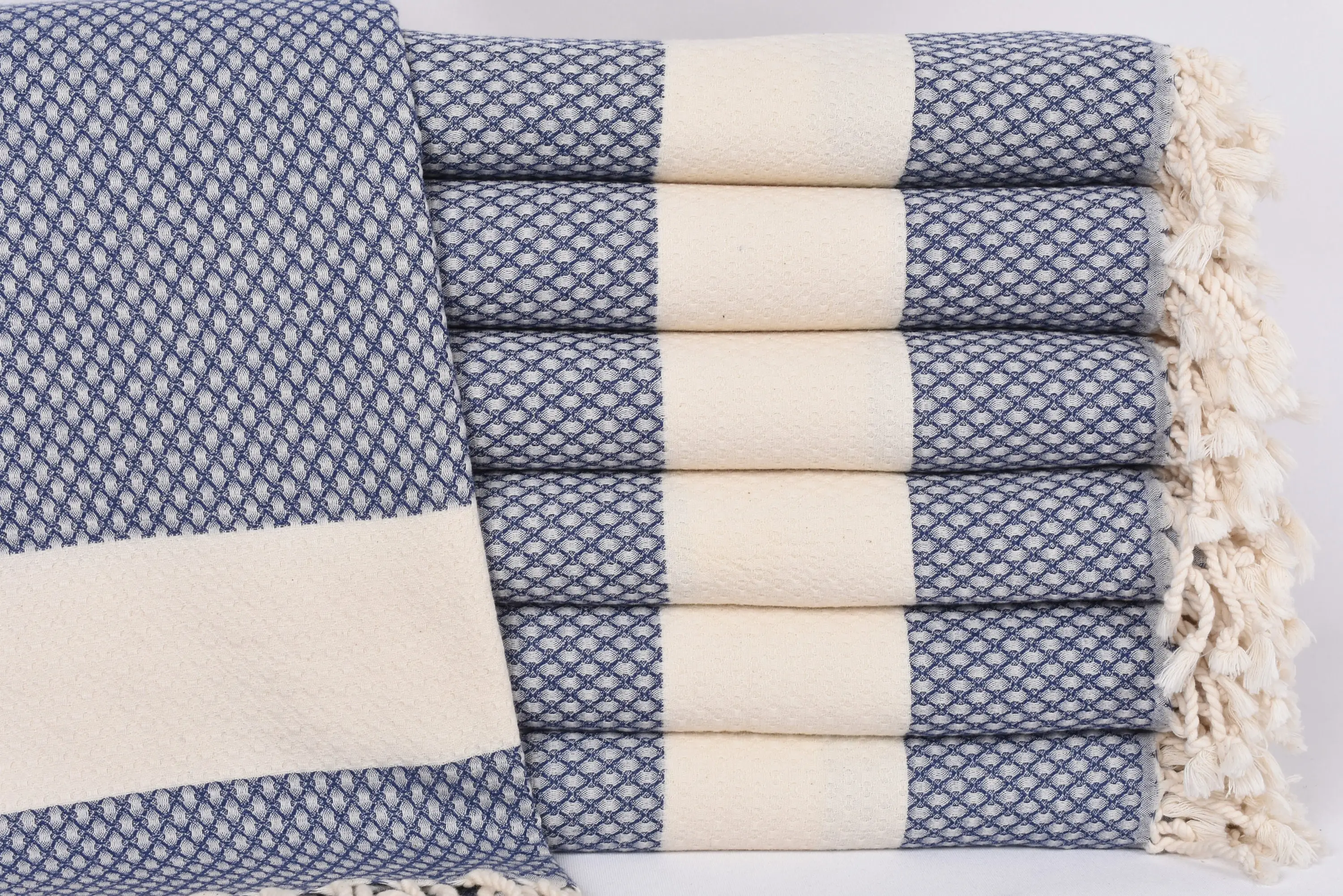 Navy Geometric Towel Blue, Handmade Organic Cotton, 67x36 Inches - 1