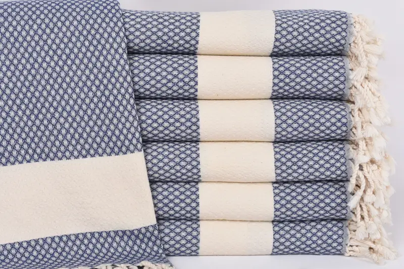 Navy Geometric Towel Blue, Handmade Organic Cotton, 67x36 Inches