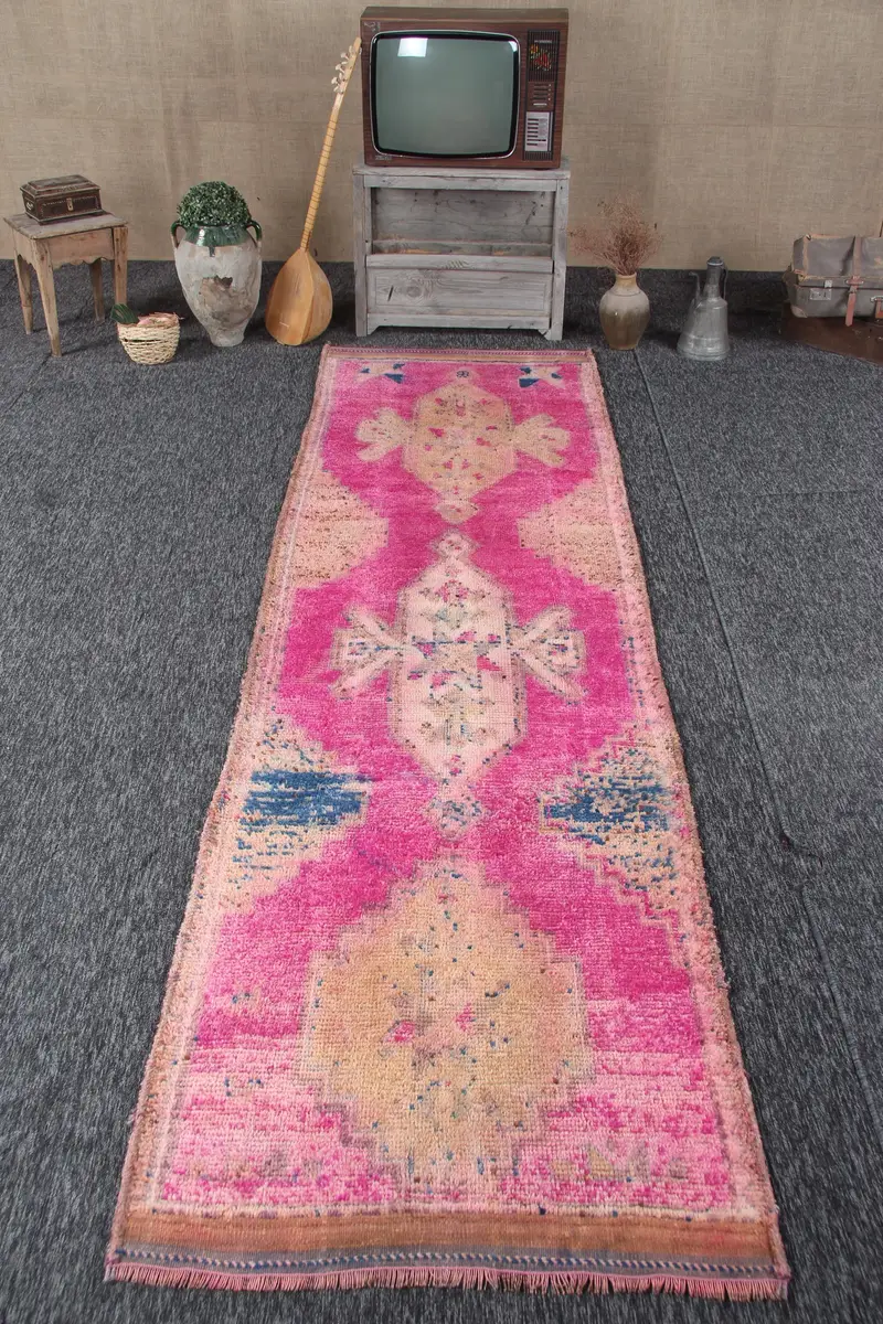 Turkish Vintage Runner Rug 3.2x11.6 ft, Pink Blue Plants & trees Wool Rug - 1