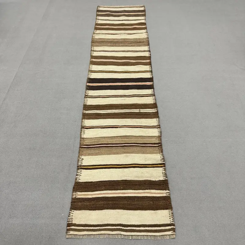 2.4x11.4 ft Vintage Kilim Halı, Türk Halısı, Kahverengi Ombré Yün Halı - 1