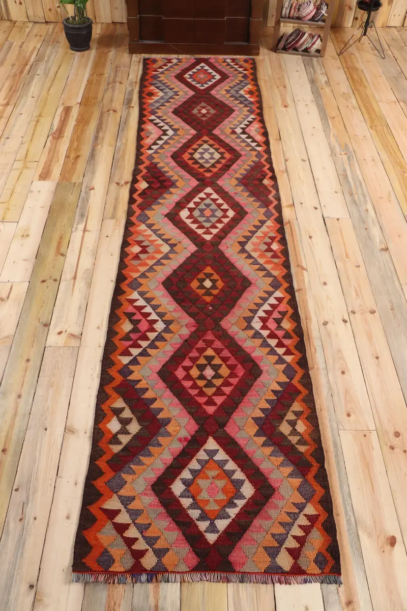 Vintage Runner Halı 2,7x13 ft, Kırmızı Turuncu Halı Yün - 1