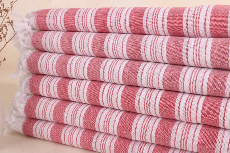 Striped Red Cotton Bath Towel, Turkish Beach Towel, 40x71 Inches