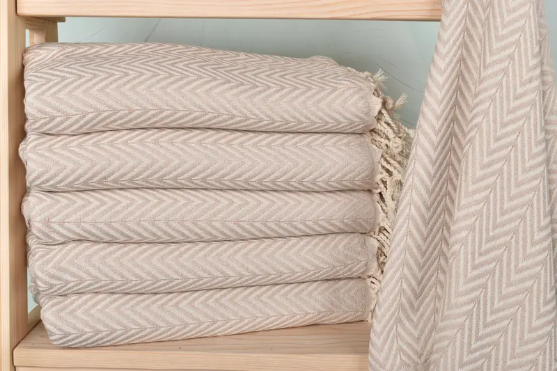 Personalized Turkish Beach Towel Light Beige Chevron, Organic Cotton/Linen, 40x71 Inches