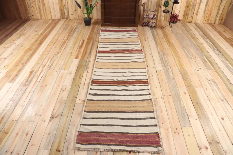 Vintage Turkish Kilim Rug 3.3x11.4 ft, Brown Runner Plants & trees Wool Rug - 1