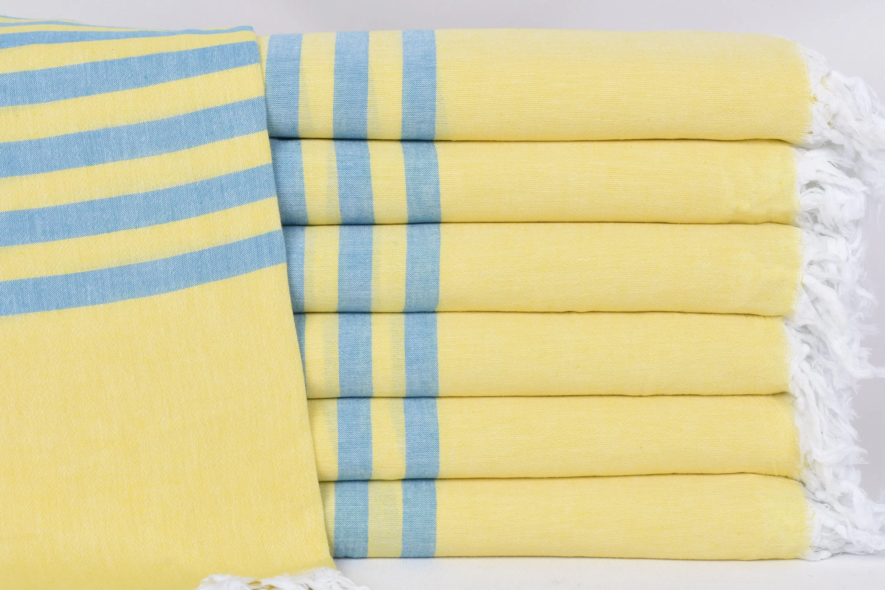 Personalized Turkish Towel, Handmade Beach Towel, Blue-Yellow Stripes, 70x36 Inches - 1
