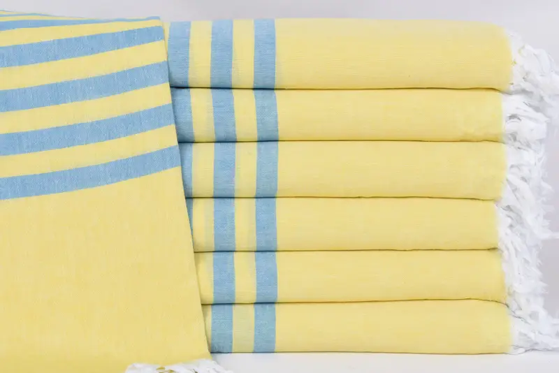 Personalized Turkish Towel, Handmade Beach Towel, Blue-Yellow Stripes, 70x36 Inches
