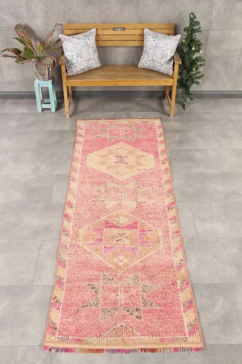 Vintage Halı, Yolluk 2.9x8.8 ft Türk Halısı, Pembe Bitkiler ve ağaçlar Yün Halı - 1