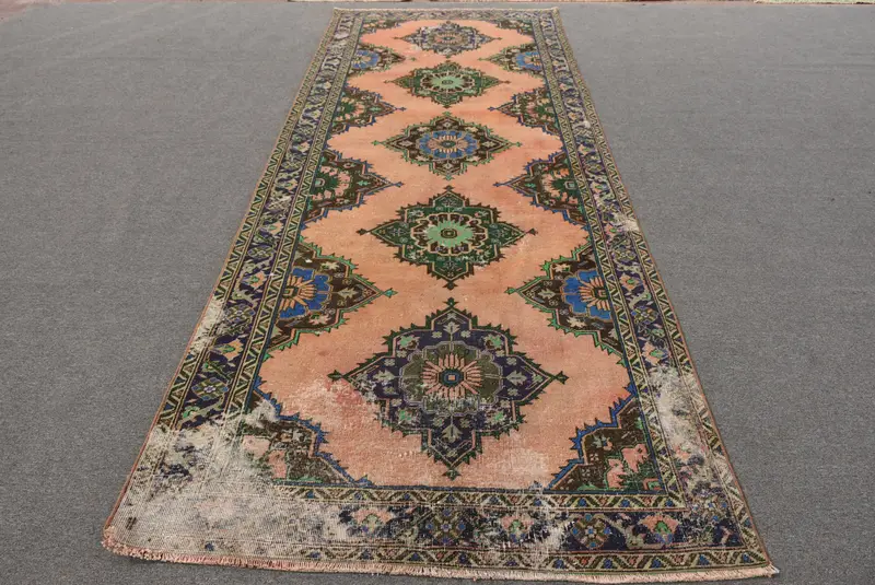4.5x12.2 ft Rug, Vintage Oushak Rug, Turkish Blue Wool Solid Rug - 1