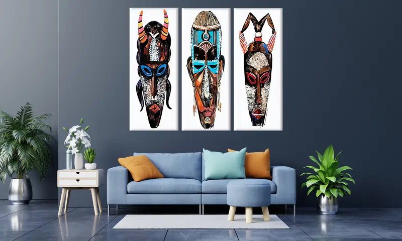 African Masks Canvas, African Interior Design, Afro Face Mask Poster, Ethnic African Masks, Nomadic Ethnic Decor, Tribal Masks Canvas, - 1