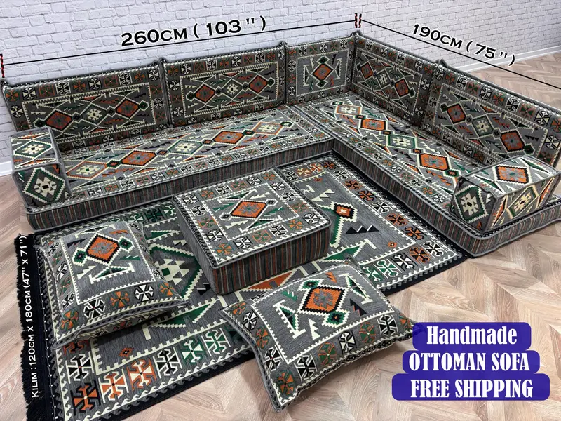 Kilimden Esinlenen Desenli Modüler Gri Osmanlı Kanepe, Çok Yönlü Osmanlı