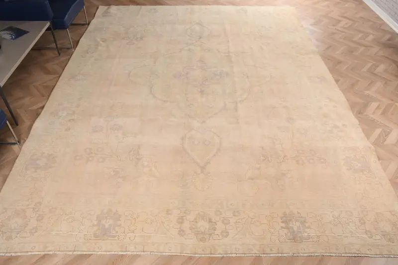 9,6 x 12,5 Fuß übergroßer türkischer Vintage-Teppich, beige abstrakter Wollteppich - 1