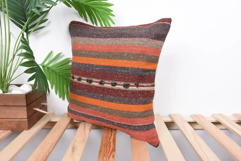 Accent Throw Cushion, Kilim Pillow, Pillow Cover, 16x16 Orange Pillow Cover, Natural Pillow Cover, Pillow for Sofa, Gift Pillow - 5