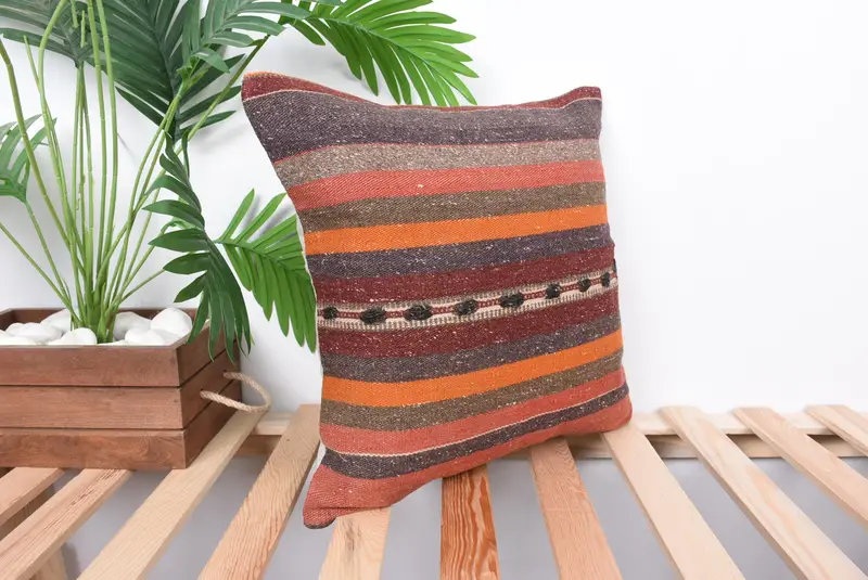 Accent Throw Cushion, Kilim Pillow, Pillow Cover, 16x16 Orange Pillow Cover, Natural Pillow Cover, Pillow for Sofa, Gift Pillow - 4