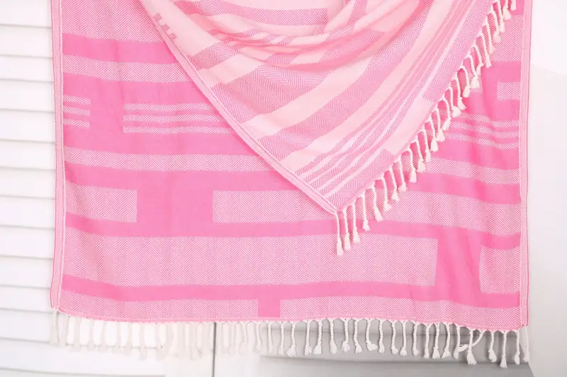Beach Towel Pink Cotton Chevron Monogrammed, 38x67 Inches