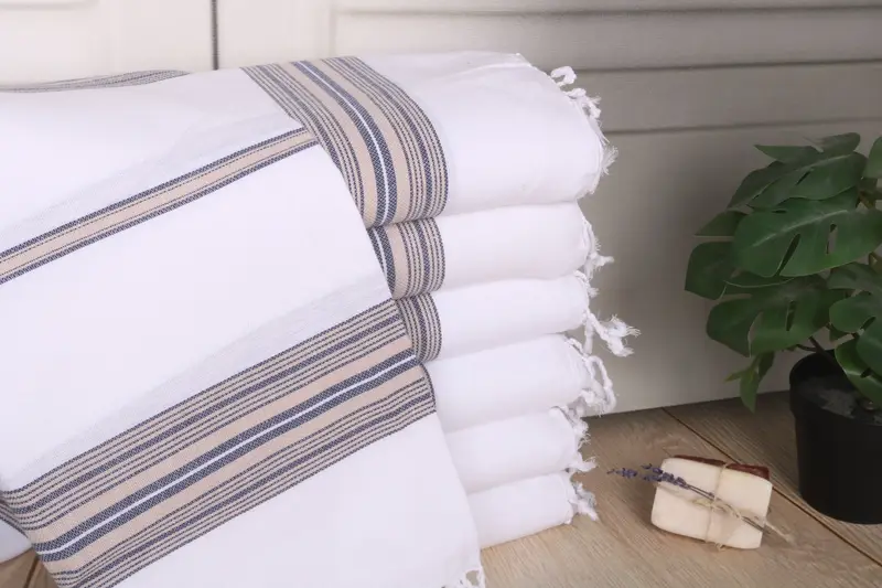 Beige-Navy Blue Cotton Towel, Custom Beach Towel, Striped, 70x40 Inches