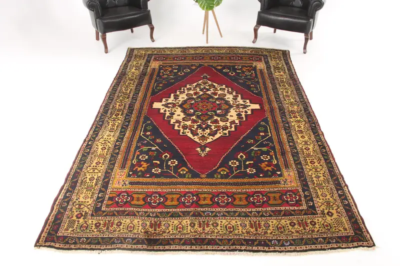 Türk Vintage Büyük Halı 6.4x9.8 ft, Kırmızı Mavi İkat Yün Halı - 1