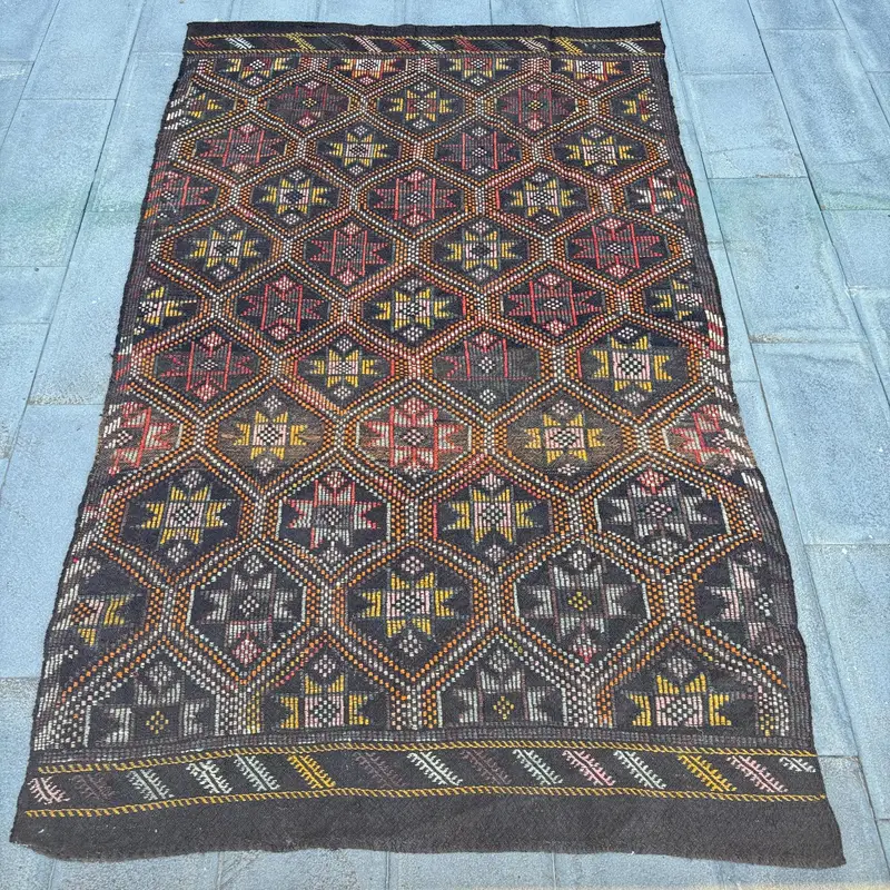 Black and Orange Abstract Rug, 5x8 ft Chic Decor