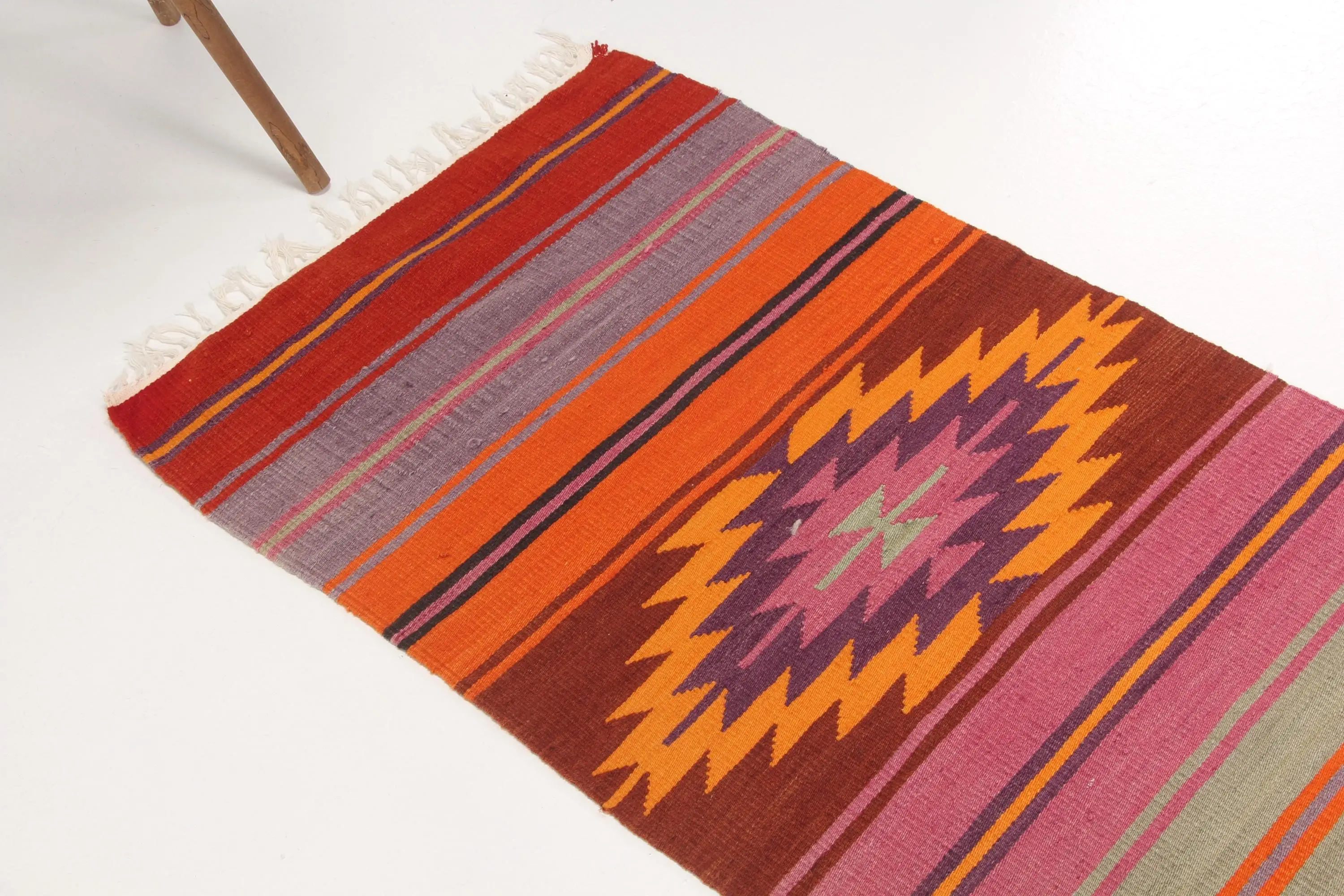 Turkish Rug 2x9.1 ft, Red Orange Polka dot Wool Vintage Rug - 1