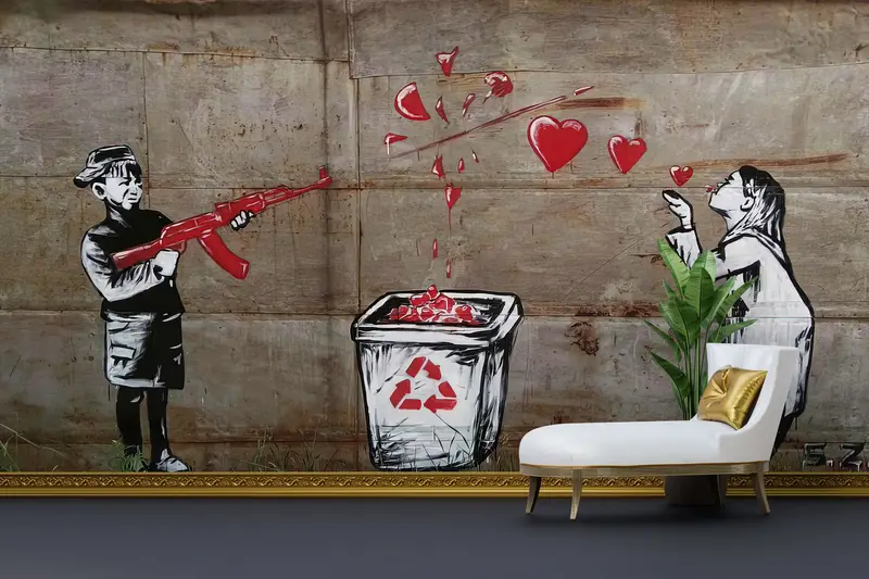 Gedruckte, von Banksy inspirierte Tapete: Kunst, Liebe, Graffiti, Herz, Krieg
