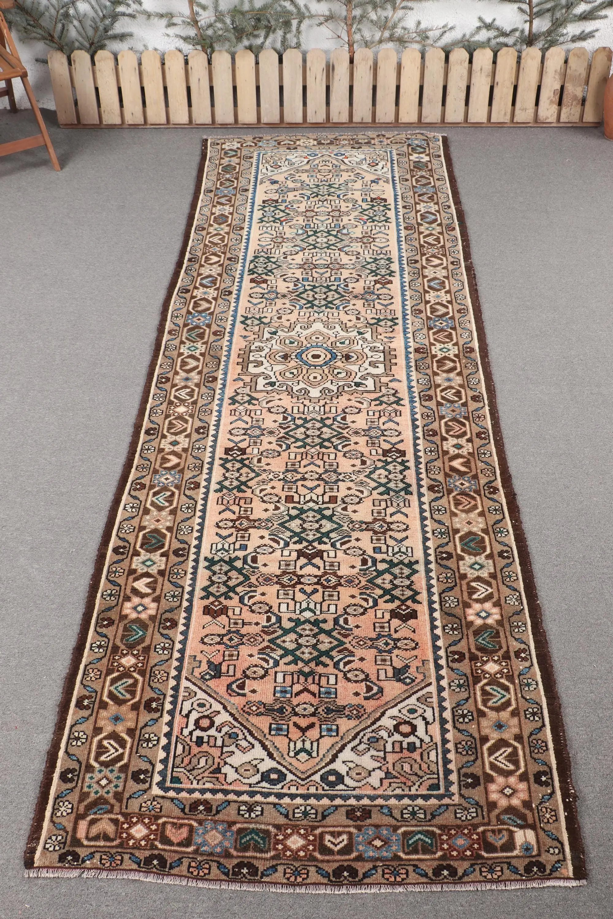 Turkish Vintage Rug 3.7x10.5 ft, Brown Check Wool Rug - 1