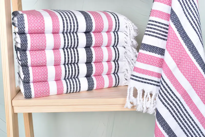 Personalized Turkish Beach Towel Navy Blue-Pink Stripes, 38x71 Inches